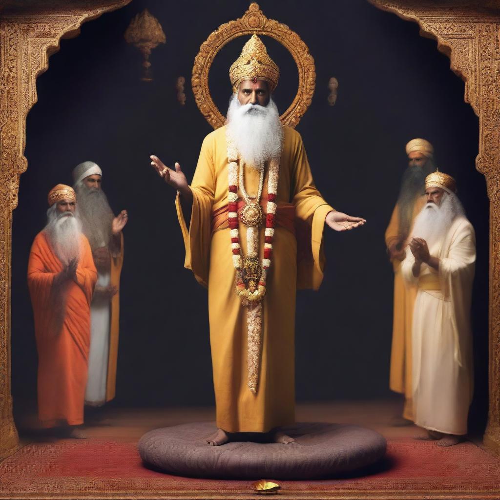 A low keylight image of an Indian saint with a long beard standing and meditating in Vrikshasana (single leg pose)