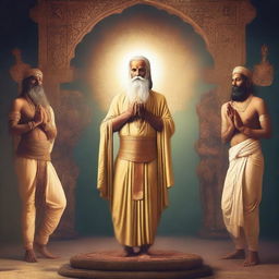 A low keylight image of an Indian saint with a long beard standing and meditating in Vrikshasana (single leg pose)