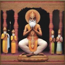 A low keylight image of an Indian saint with a long beard standing and meditating in Vrikshasana (single leg pose)