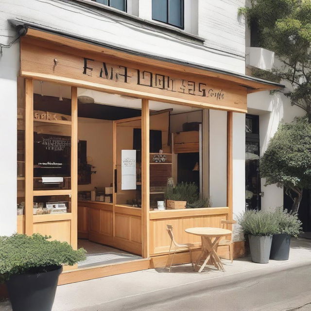 The exterior of a cozy coffee shop with white walls and light wood accents