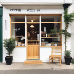 The exterior of a cozy coffee shop with white walls and light wood accents