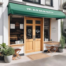 The exterior of a cozy coffee shop with white walls and light wood accents