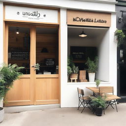 The exterior of a cozy coffee shop with white walls and light wood accents