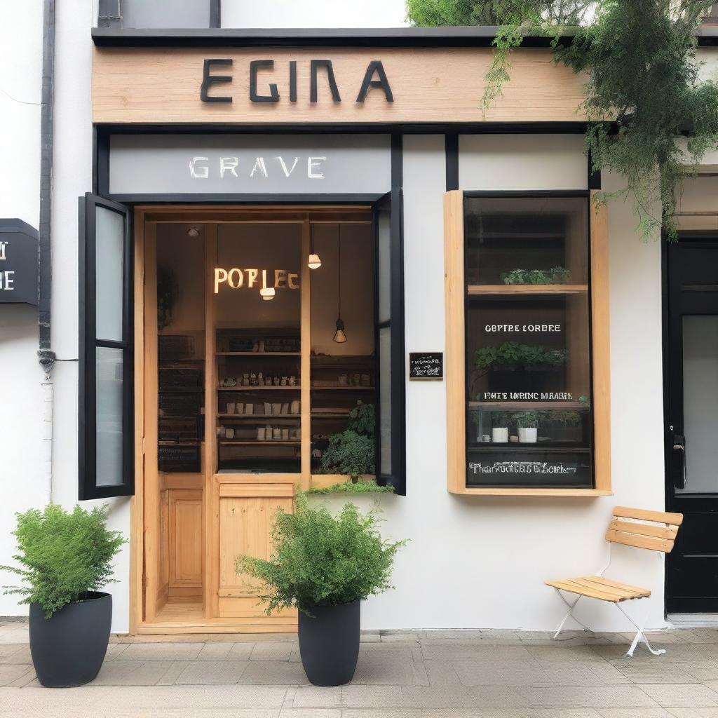 The exterior of a cozy coffee shop with white walls and light wood accents