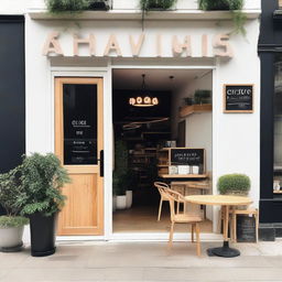 The exterior of a cozy coffee shop with white walls and light wood accents