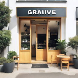 The exterior of a cozy coffee shop with white walls and light wood accents