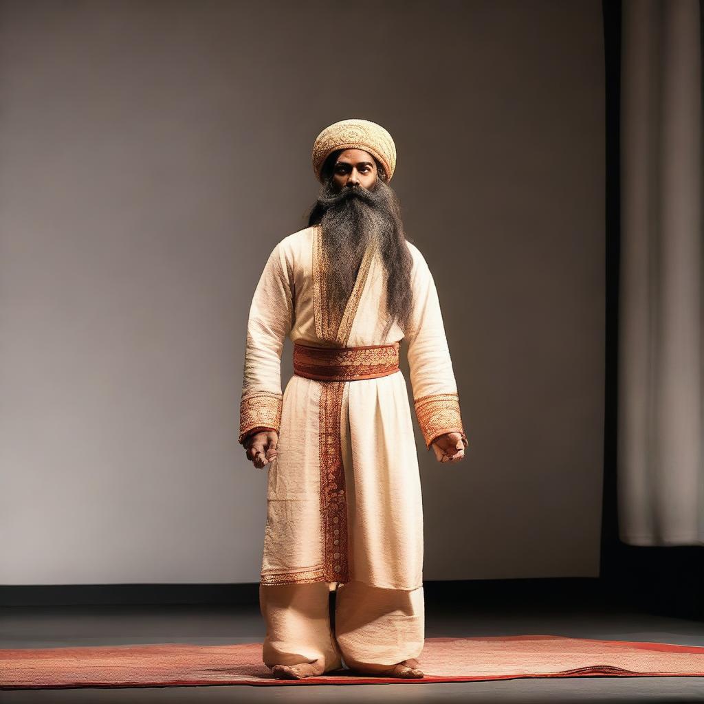 A stage artist dressed as an Indian saint with a long beard, standing and meditating in Vrikshasana (single leg pose)