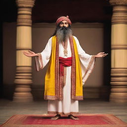 A stage artist dressed as an Indian saint with a long beard, standing and meditating in Vrikshasana (single leg pose)