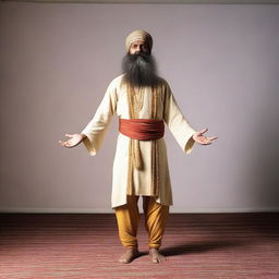 A stage artist dressed as an Indian saint with a long beard, standing and meditating in Vrikshasana (single leg pose)