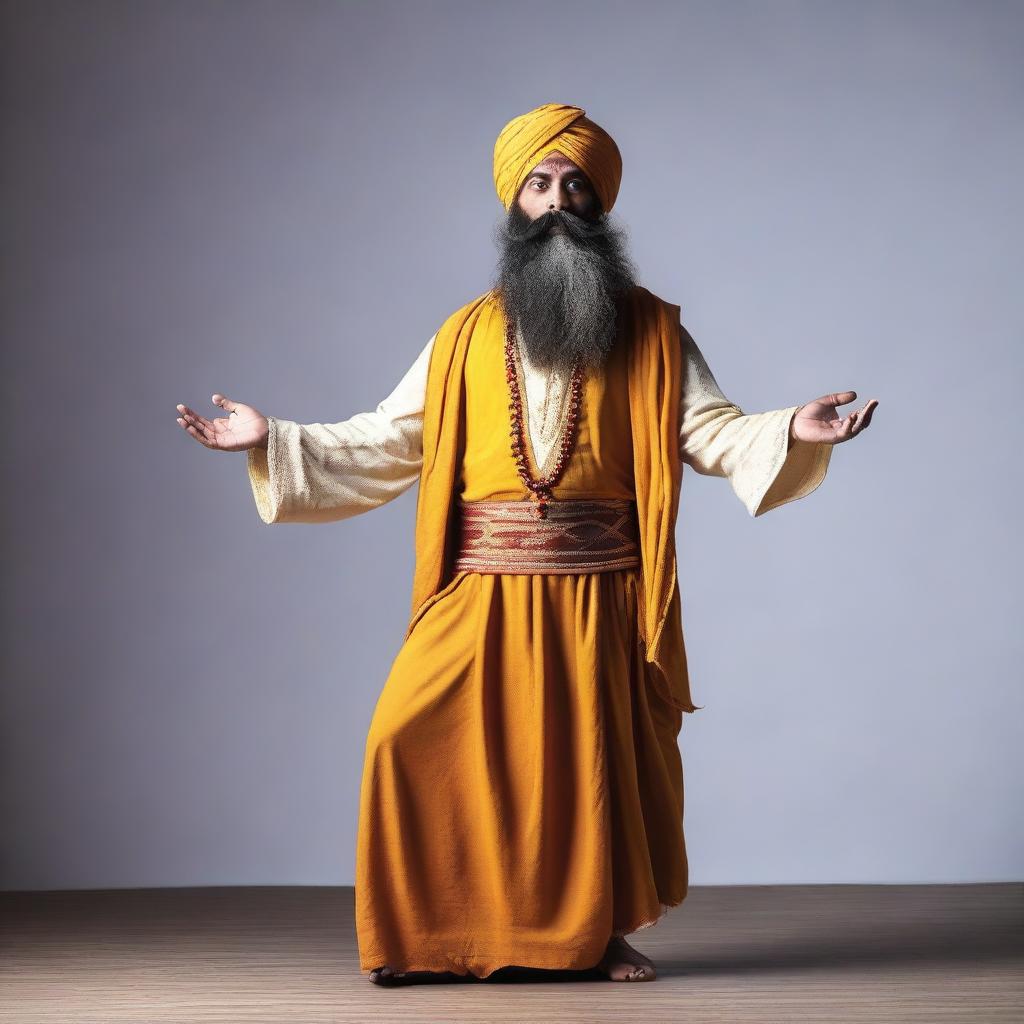 A stage artist dressed as an Indian saint with a long beard, standing and meditating in Vrikshasana (single leg pose)