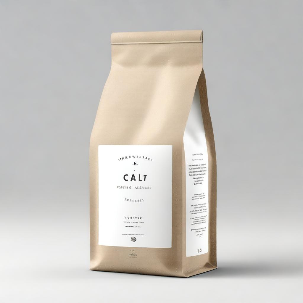 A coffee packaging bag designed to match the theme of a cozy coffee shop with white and light wood accents