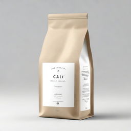 A coffee packaging bag designed to match the theme of a cozy coffee shop with white and light wood accents