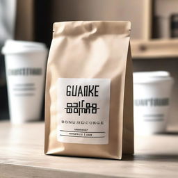 A coffee packaging bag designed to match the theme of a cozy coffee shop with white and light wood accents