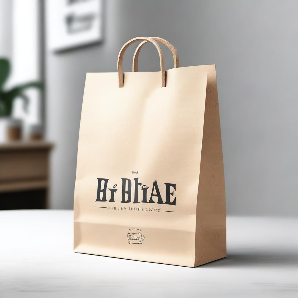 A takeaway bag designed to match the theme of a cozy coffee shop with white and light wood accents