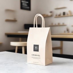 A takeaway bag designed to match the theme of a cozy coffee shop with white and light wood accents