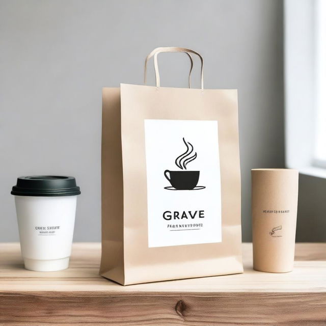 A takeaway bag designed to match the theme of a cozy coffee shop with white and light wood accents