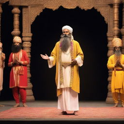 A stage artist dressed as an Indian saint with a long beard, standing and meditating in Vrikshasana (standing on a single leg)