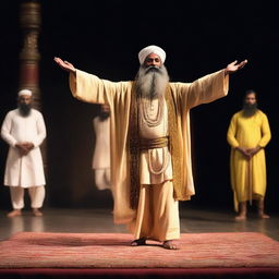 A stage artist dressed as an Indian saint with a long beard, standing and meditating in Vrikshasana (standing on a single leg)