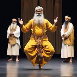 A stage artist dressed as an Indian saint with a long beard, standing and meditating in Vrikshasana (standing on a single leg)