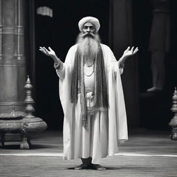 A stage artist dressed as an Indian saint with a long beard, standing and meditating in Vrikshasana (standing on a single leg)