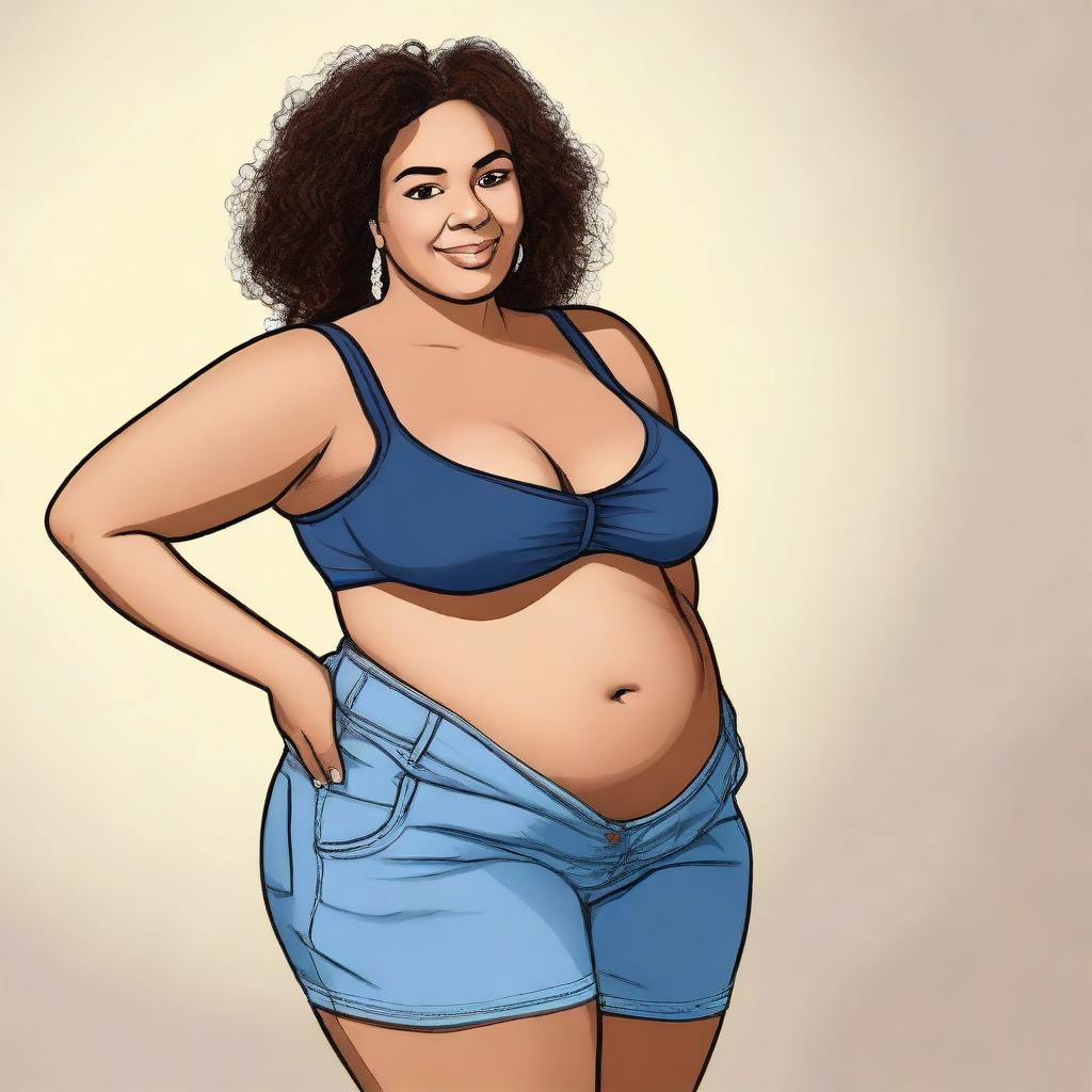 A mixed-race Spanish woman with large hips and a large chest, as well as love handles and a big belly