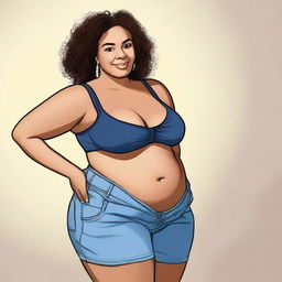 A mixed-race Spanish woman with large hips and a large chest, as well as love handles and a big belly