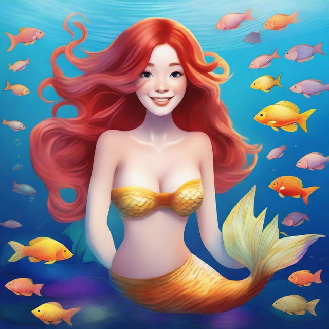 A red-haired mermaid with a large chest and a golden tail, swimming gracefully in the ocean