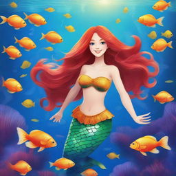 A red-haired mermaid with a large chest and a golden tail, swimming gracefully in the ocean