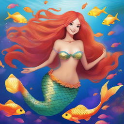 A red-haired mermaid with a large chest and a golden tail, swimming gracefully in the ocean