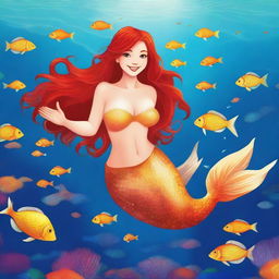 A red-haired mermaid with a large chest and a golden tail, swimming gracefully in the ocean