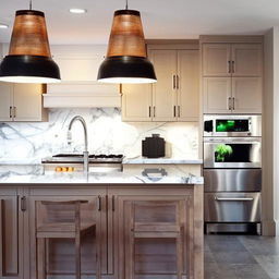 A modern, spacious kitchen with stainless steel appliances, marble countertops, a center island, and ambient lighting fixtures.