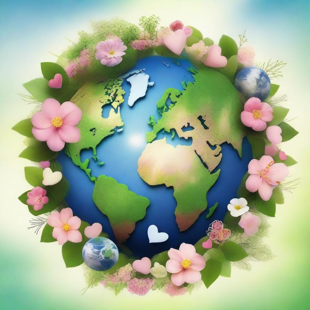 An artistic depiction of Earth with elements of love surrounding it, resembling a world of romance