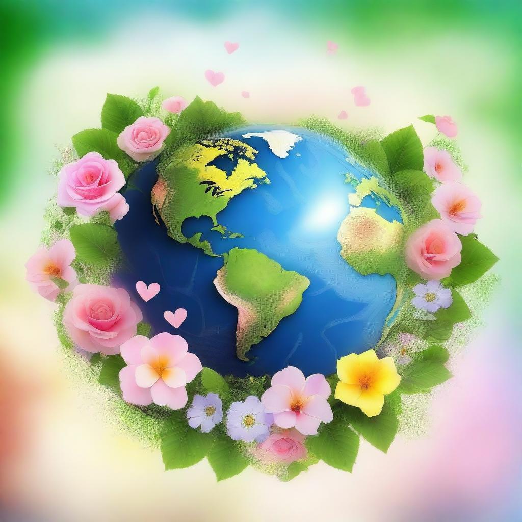 An artistic depiction of Earth with elements of love surrounding it, resembling a world of romance