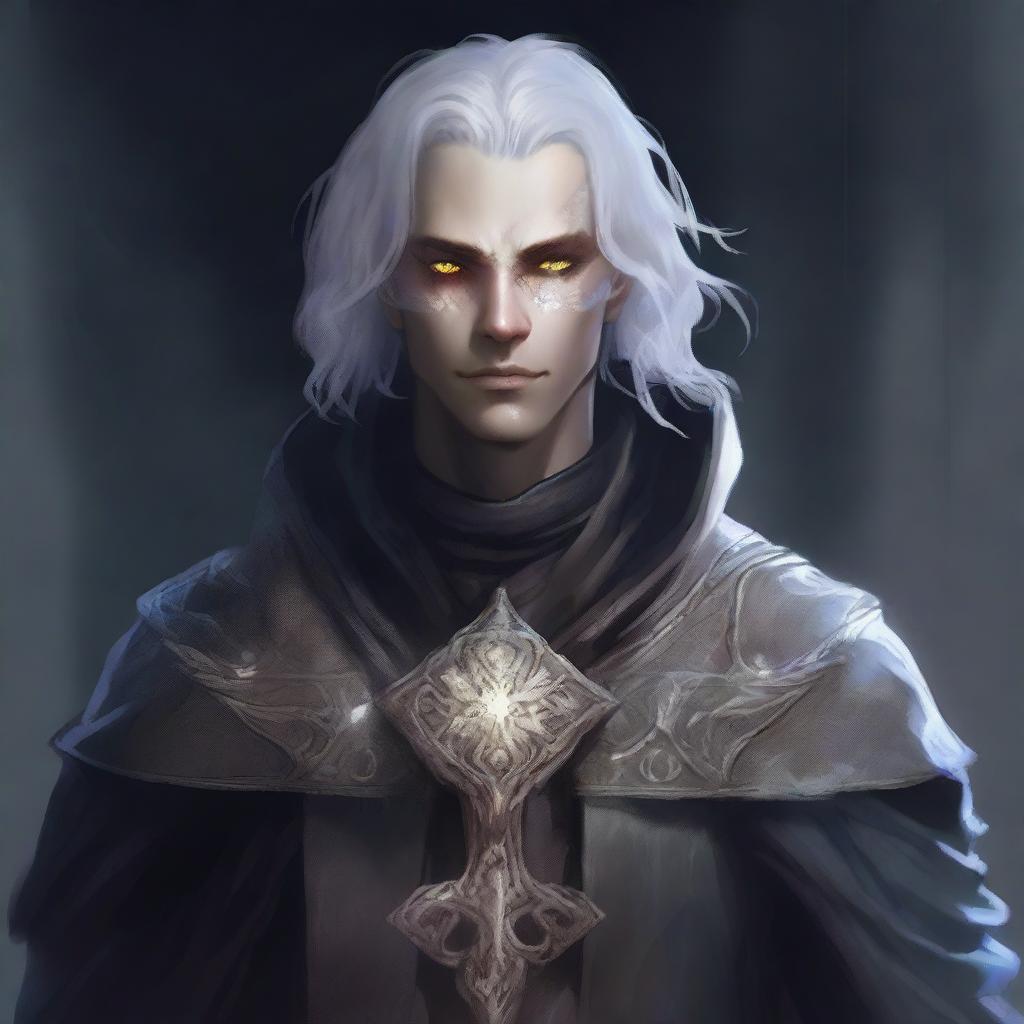 A male Aasimar warlock with a haunted one background