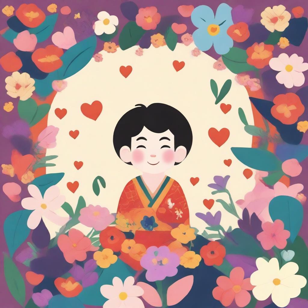 A character named Bumi surrounded by flowers and love symbols on an A4-sized canvas