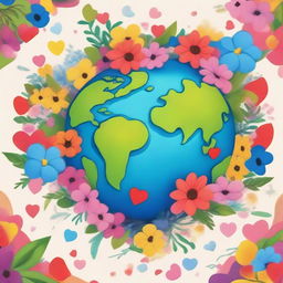 An image of the Earth surrounded by flowers and love symbols on an A4-sized canvas