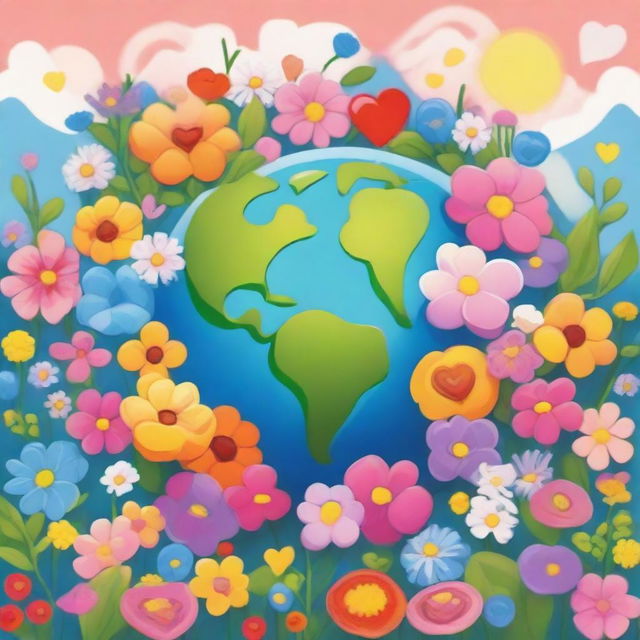 An image of the Earth surrounded by flowers and love symbols on an A4-sized canvas