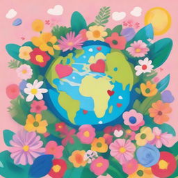 An image of the Earth surrounded by flowers and love symbols on an A4-sized canvas