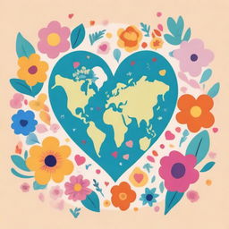 An image of the Earth surrounded by a few flowers and love symbols on an A4-sized canvas