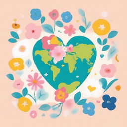 An image of the Earth surrounded by a few flowers and love symbols on an A4-sized canvas