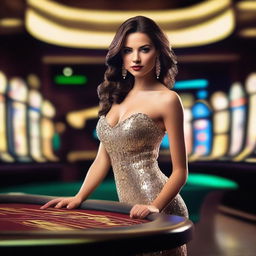 A delicate and attractive brunette woman in a glamorous casino setting