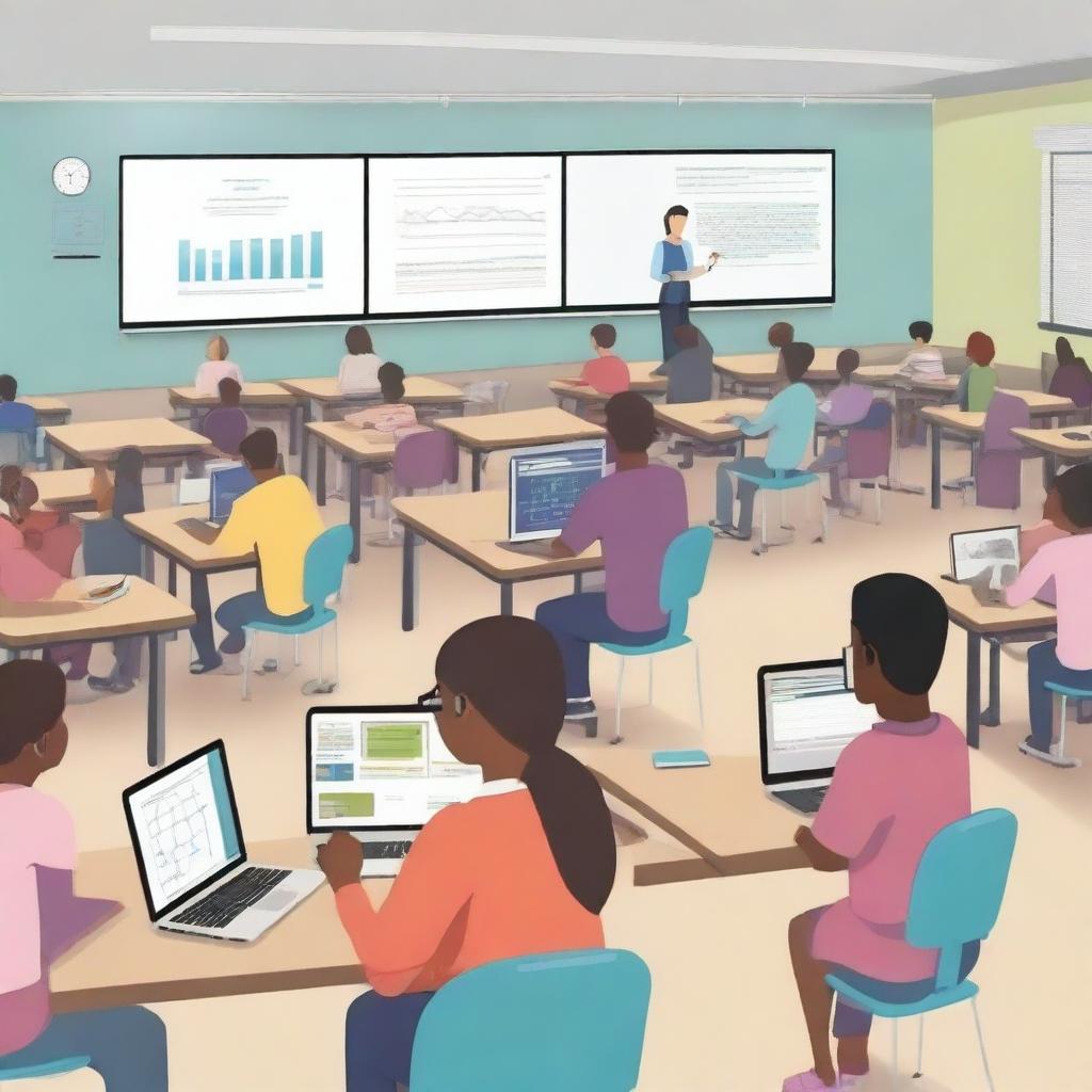 A scene showing students, teachers, and parents using ICT (Information and Communication Technology) in education