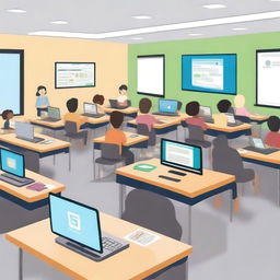 A scene showing students, teachers, and parents using ICT (Information and Communication Technology) in education