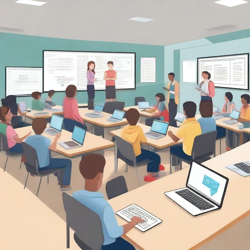 A scene showing students, teachers, and parents using ICT (Information and Communication Technology) in education