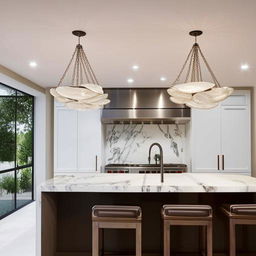 A modern, spacious kitchen with stainless steel appliances, marble countertops, a center island, and ambient lighting fixtures.