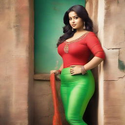 A beautiful Indian woman with a fuller figure is wearing a tight green churidar and a red top