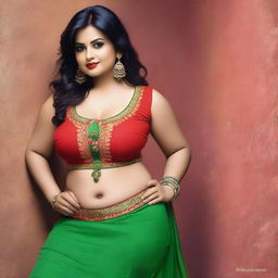 A beautiful Indian woman with a fuller figure is wearing a tight green churidar and a red top