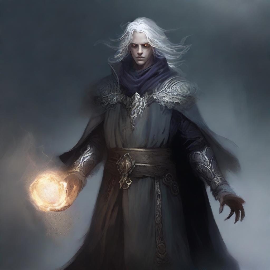 A male Aasimar warlock with a haunted one background