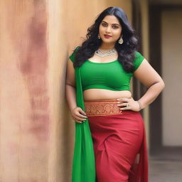 A beautiful Indian woman with a full-figured body wearing a tight green churidar and a red top