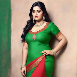 A beautiful Indian woman with a full-figured body wearing a tight green churidar and a red top